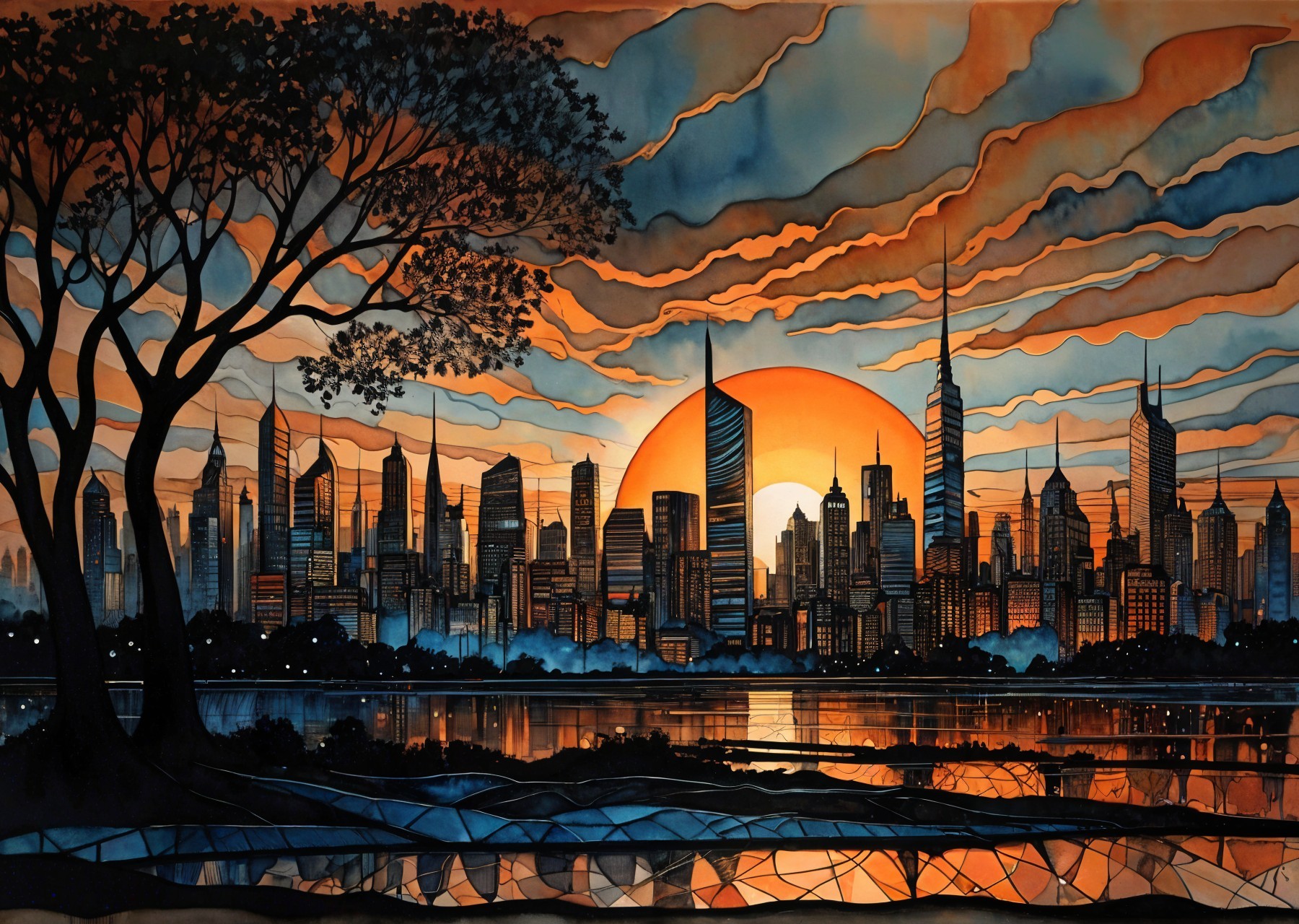Vibrant Sunset Over City Skyline with Reflective Water