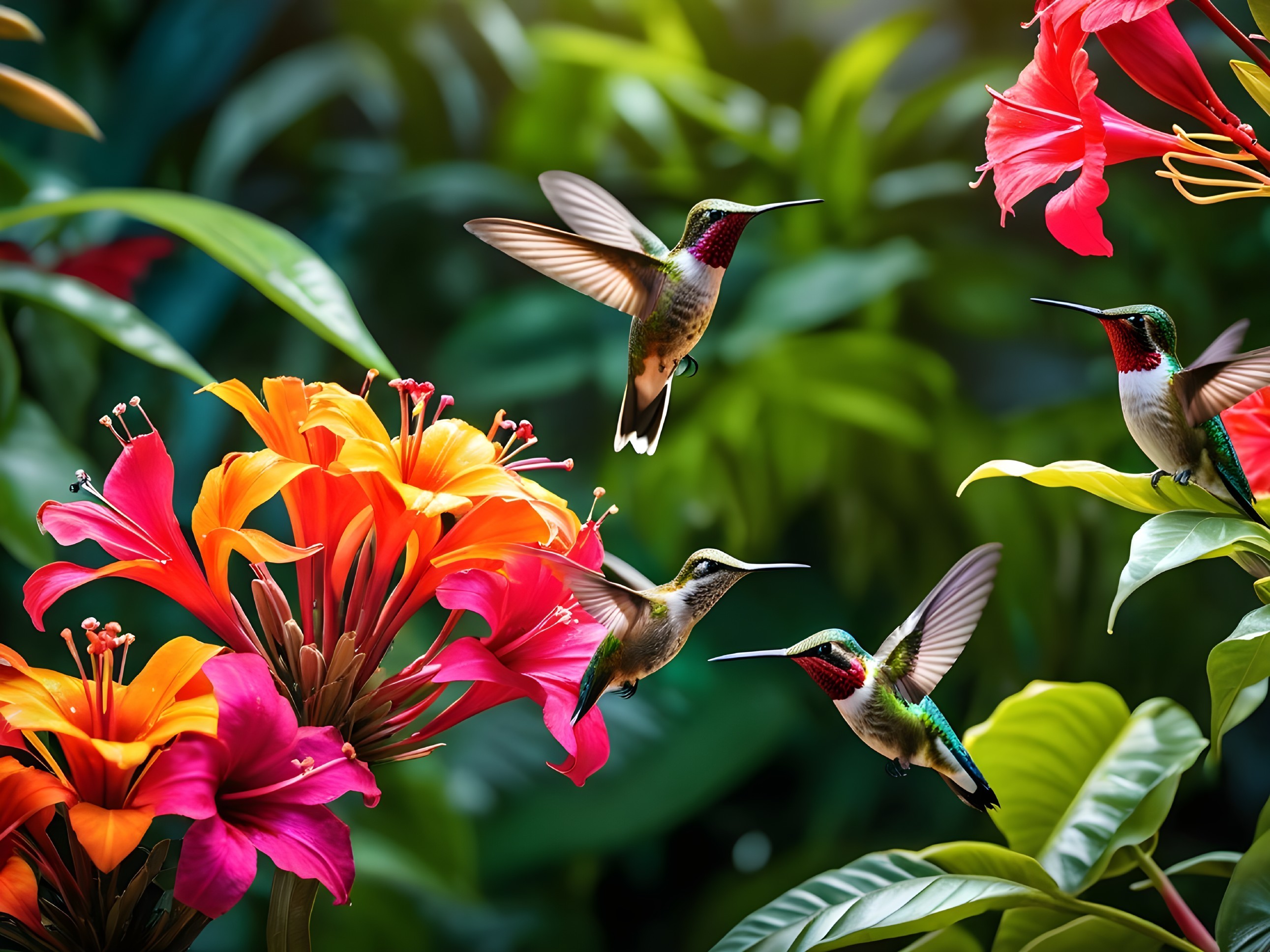 Vibrant Tropical Scene with Hummingbirds and Flowers