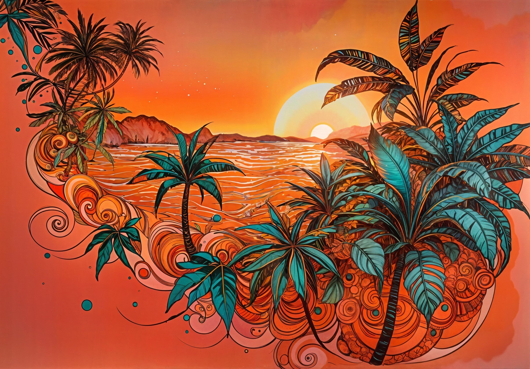 Tropical Sunset with Palm Trees and Ocean Waves