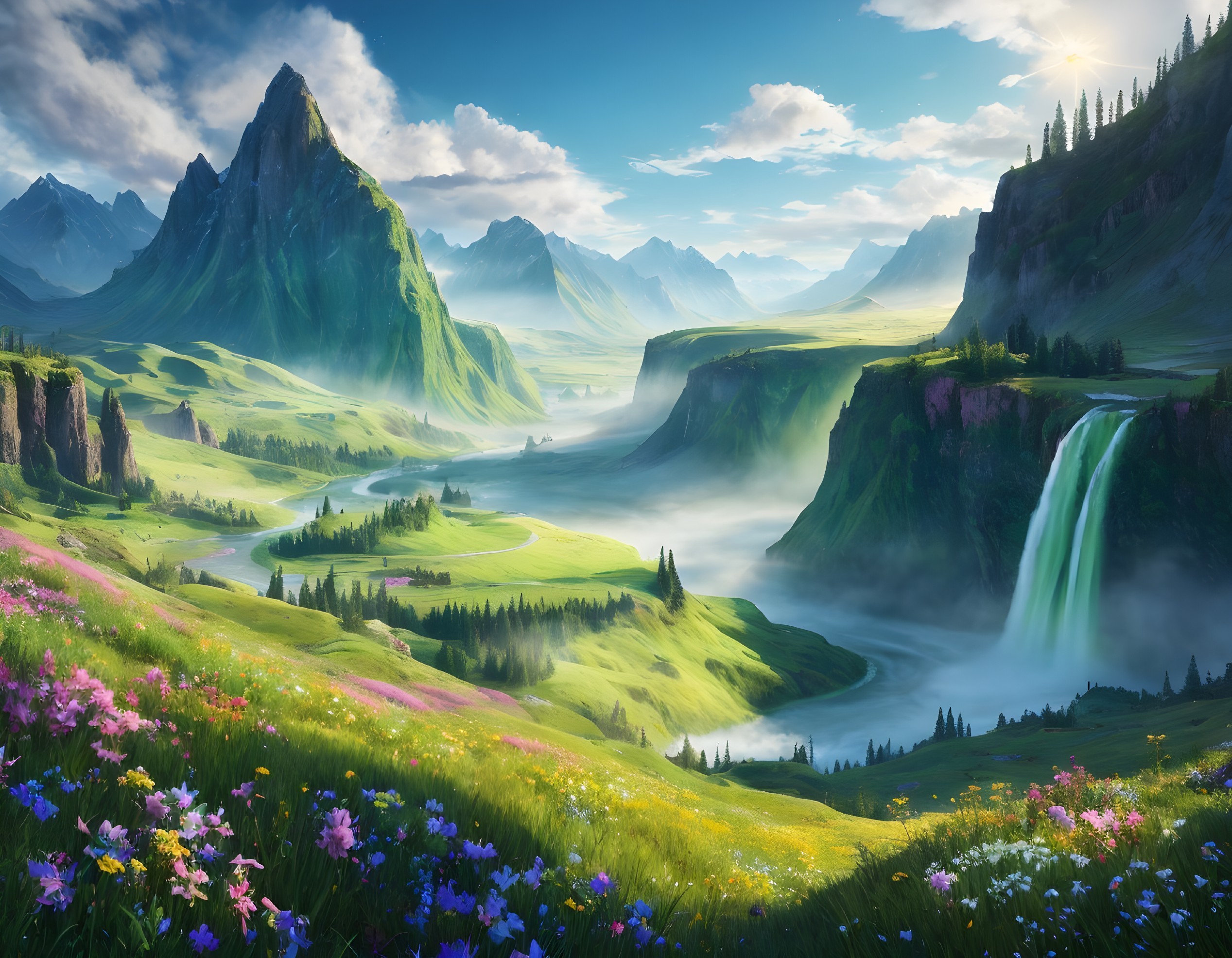 Breathtaking Landscape with Mountains and Waterfalls