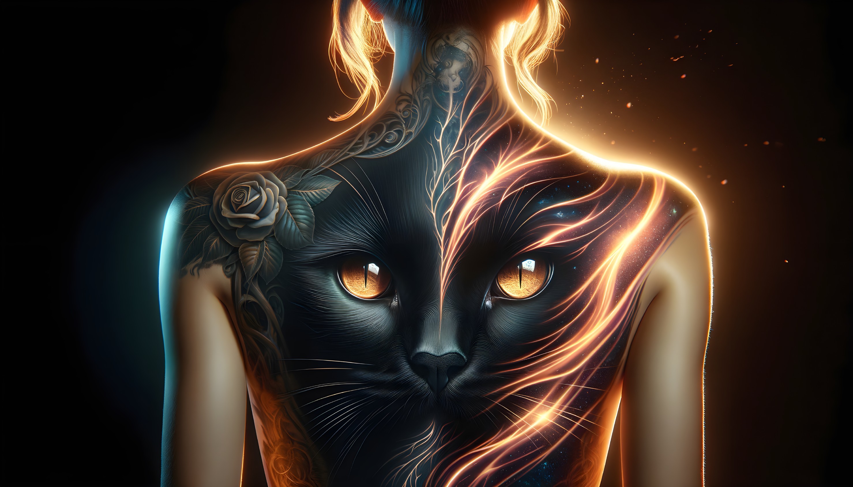 Tattoo of a black cat with orange eyes and floral designs