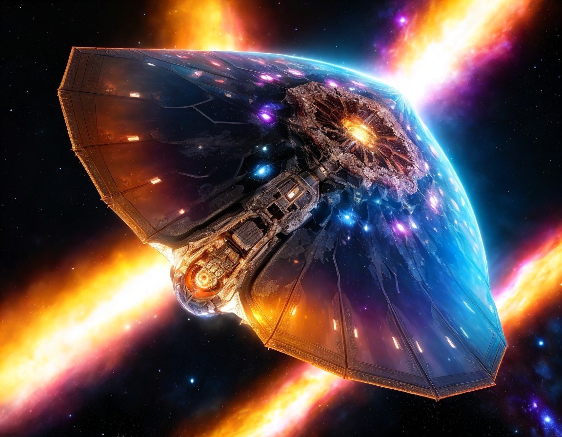 Futuristic spacecraft with vibrant lights in space