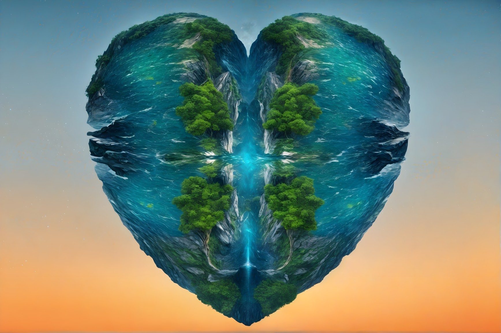 Heart-Shaped Landscape with Greenery and Waterfalls