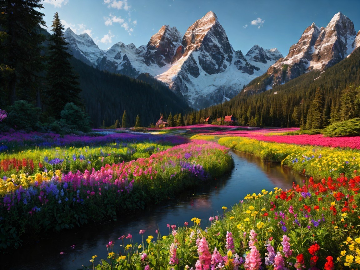 Vibrant Landscape with Wildflowers and Snow-Capped Mountains