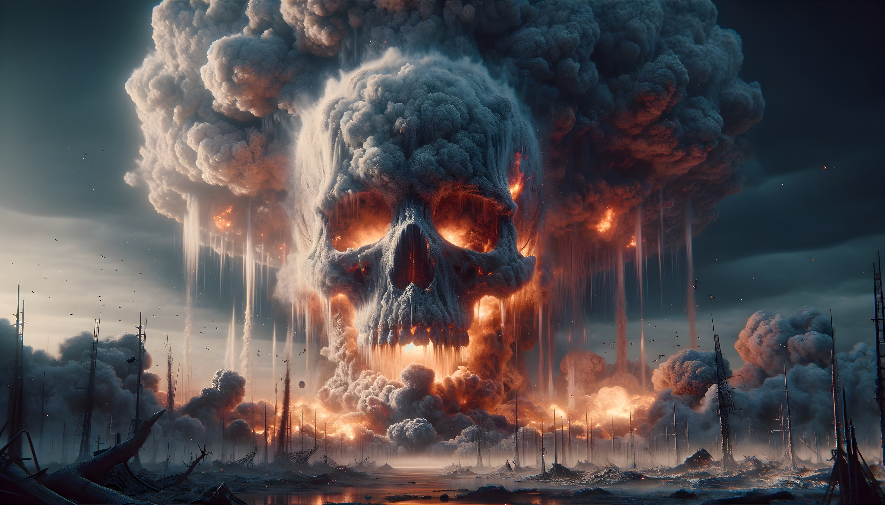 Dramatic Skull Formation Amid Fiery Explosion and Clouds