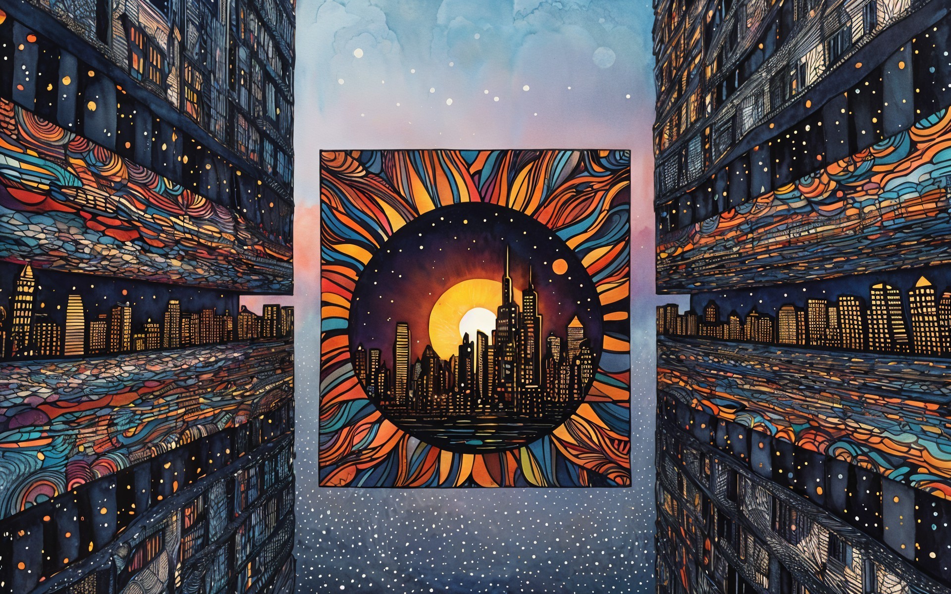 Surreal Urban Landscape with Colorful Sunset Skyline