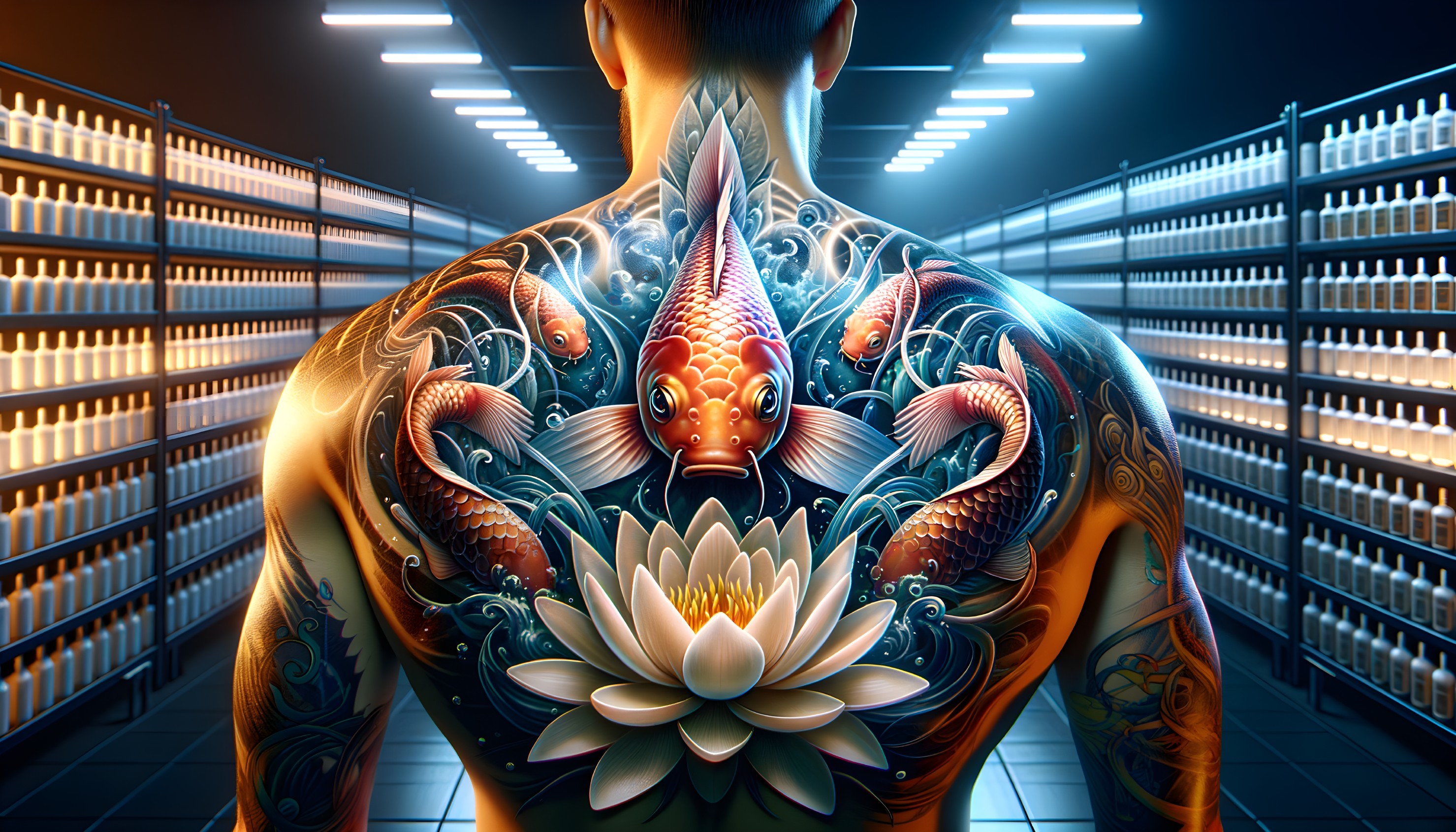 Tattoo Design of Koi Fish and Lotus Flower on Back