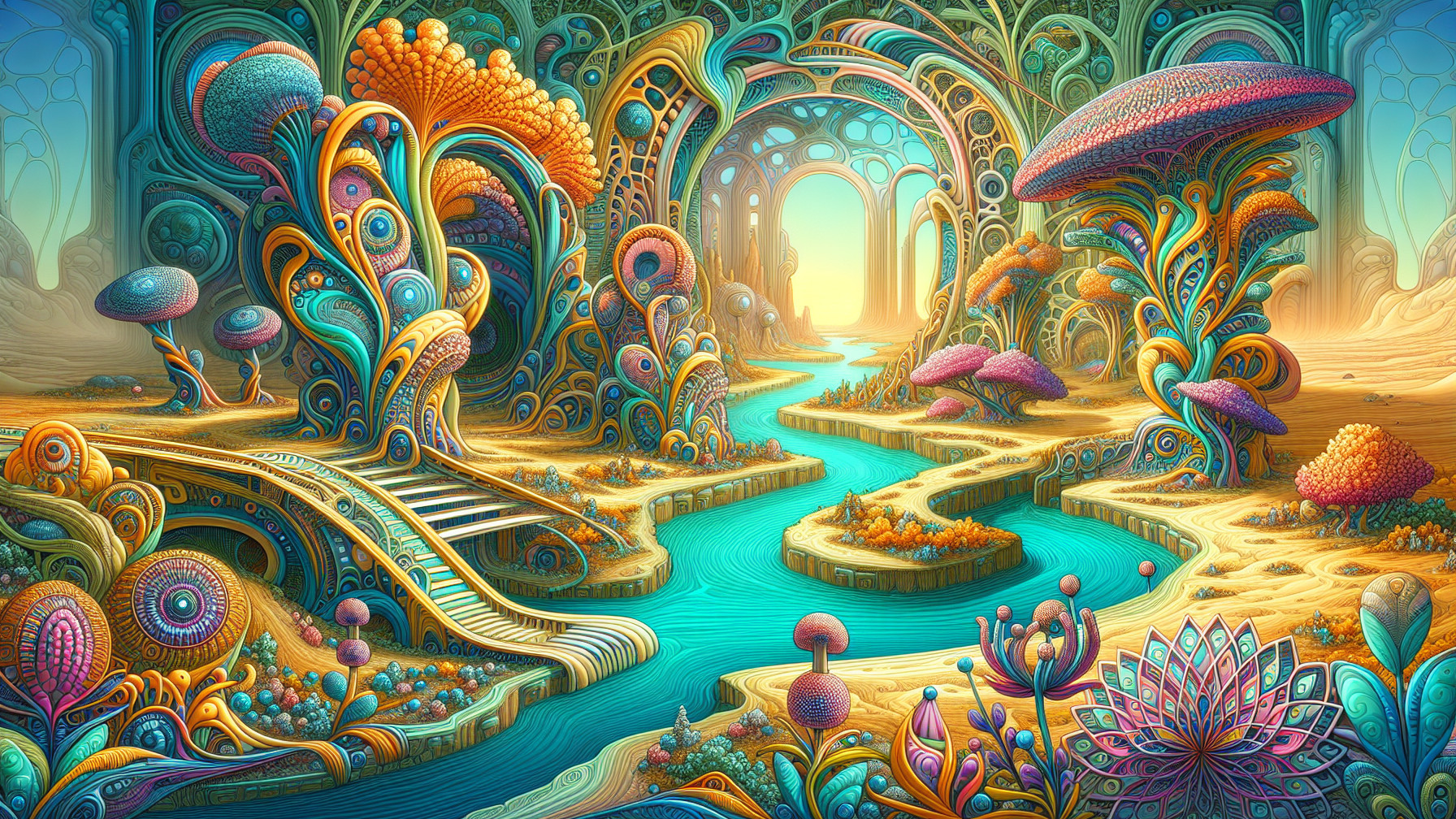 Surreal Landscape with Colorful Flora and River