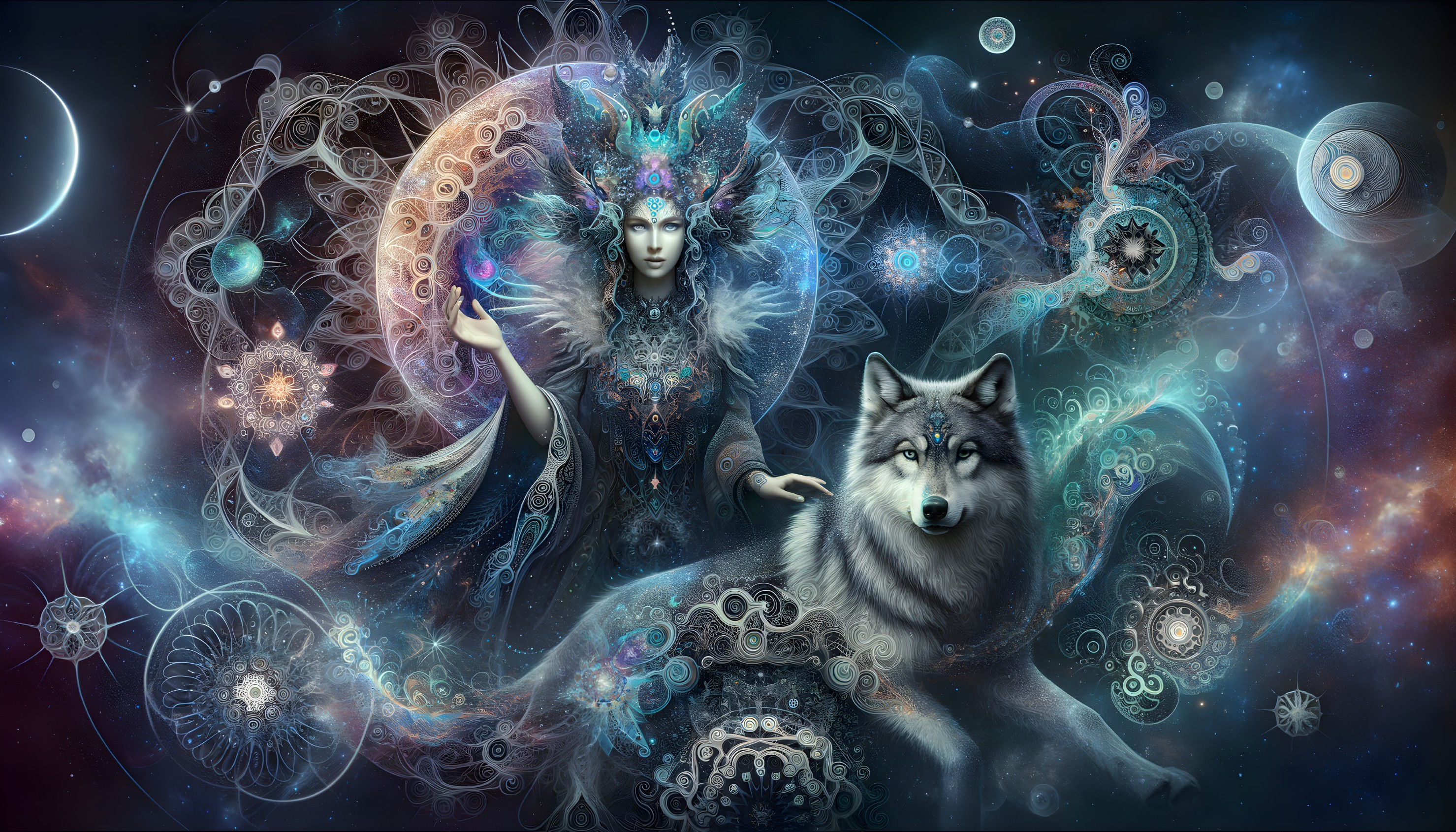 Mystical Figure with Wolf in Cosmic Landscape