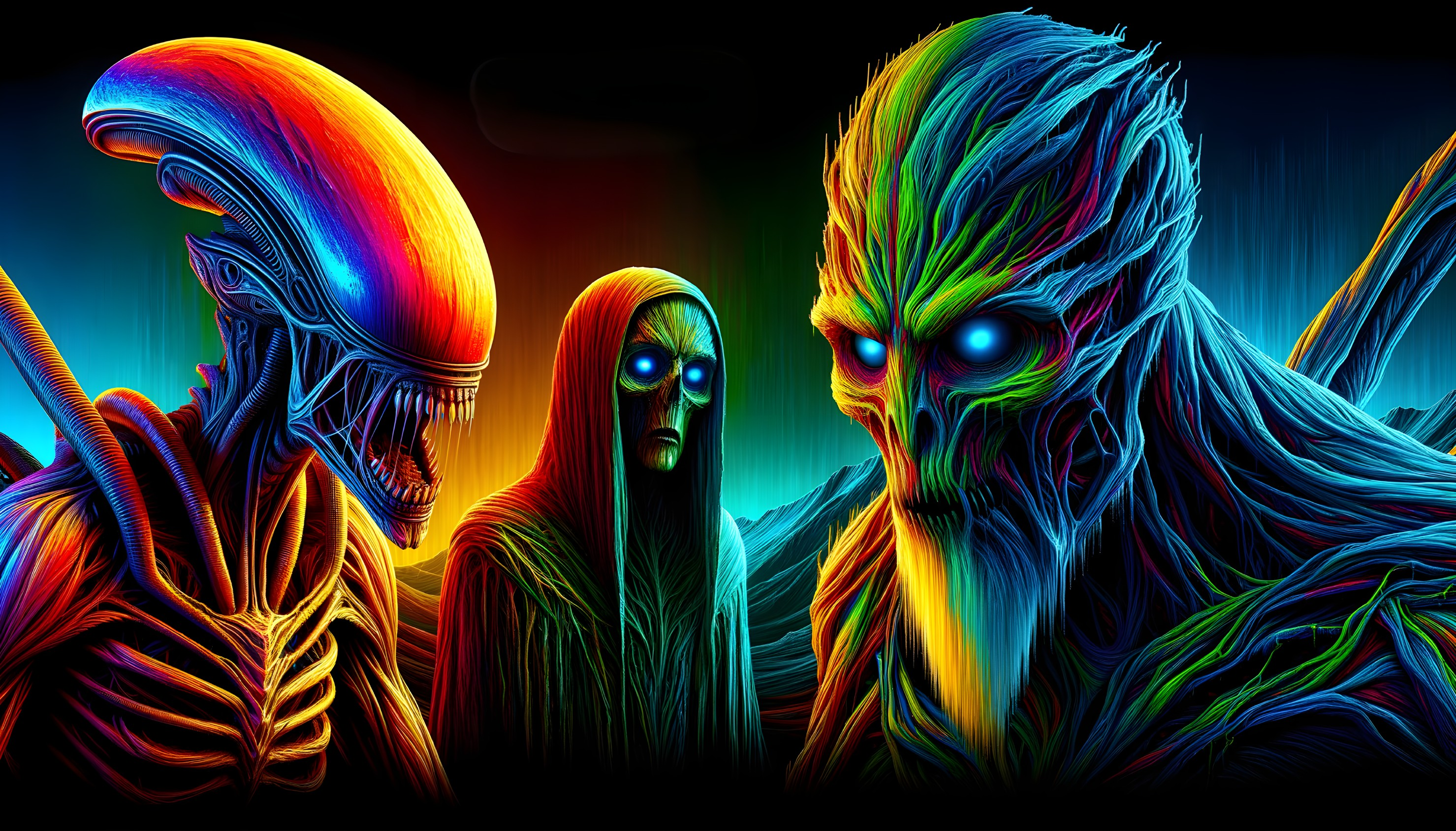 Surreal Scene with Extraterrestrial and Fantasy Figures