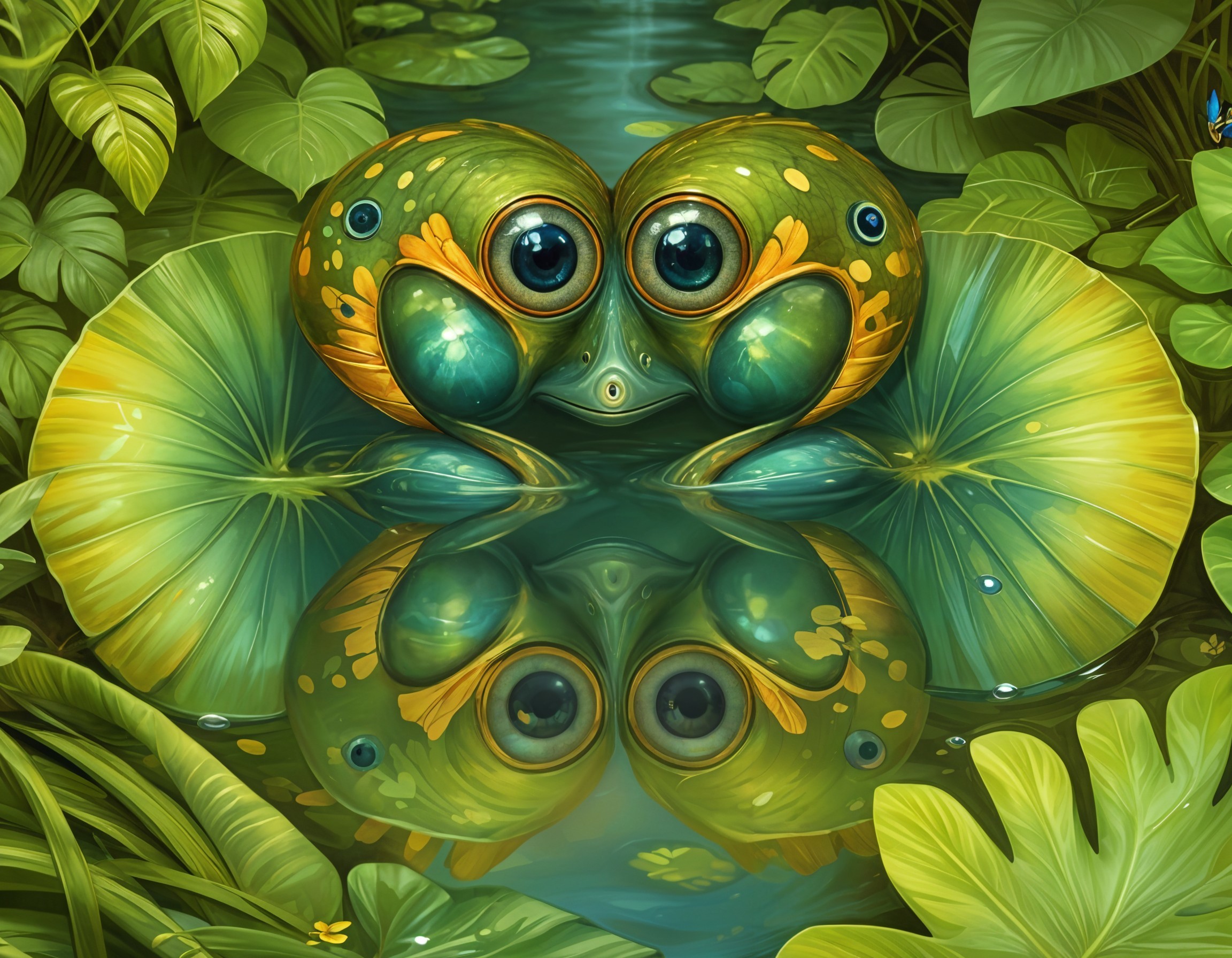 Quirky Frogs on Lily Pads in a Lush Jungle Setting