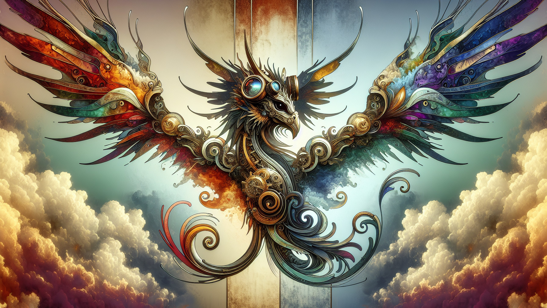 Vibrant Phoenix with Colorful Wings and Cloud Backdrop