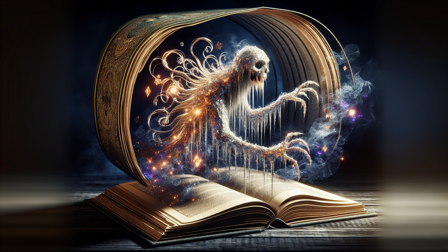 Ancient Book with Ghostly Figure and Mystical Glow