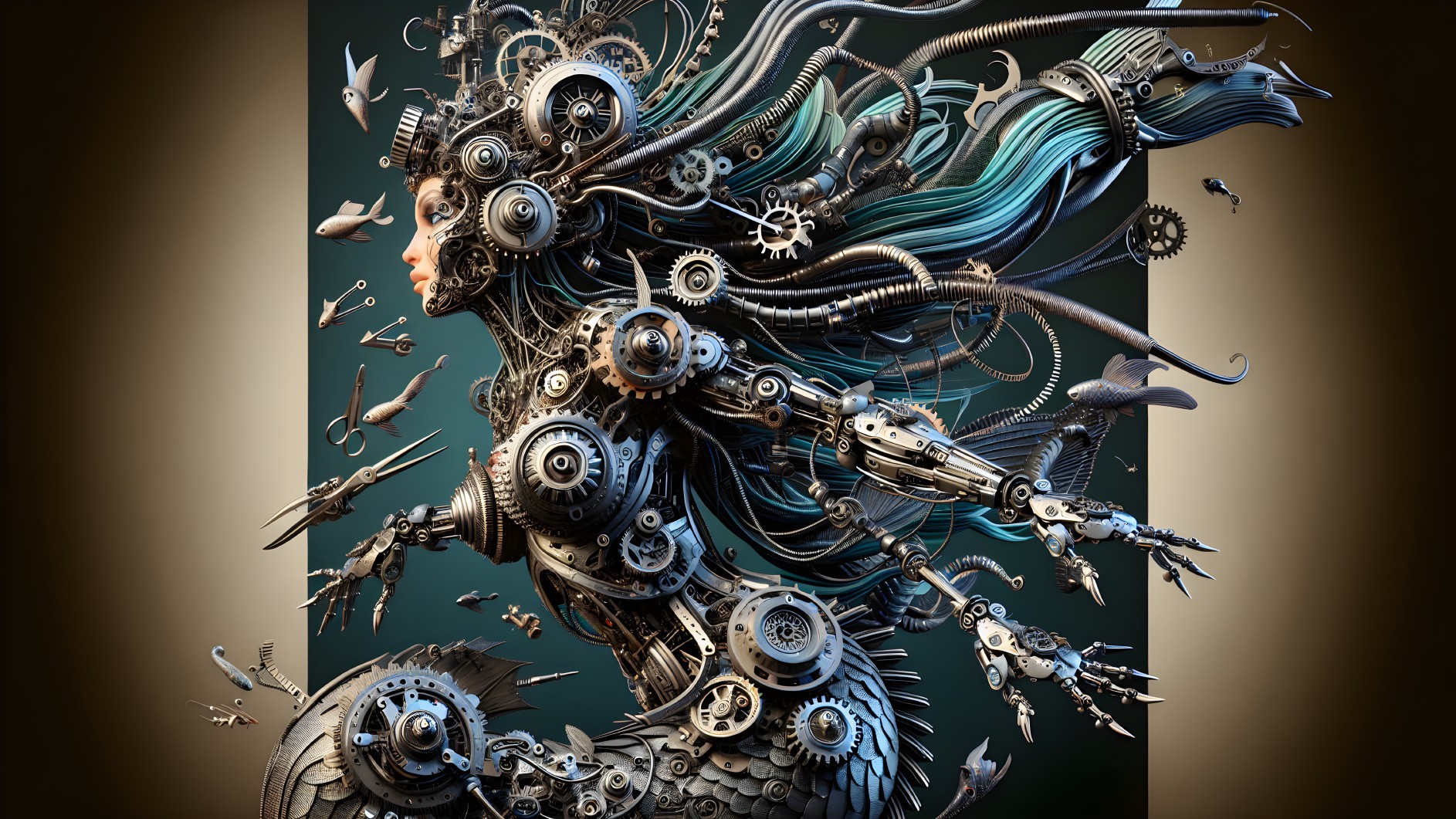 Futuristic figure blending human features with machinery