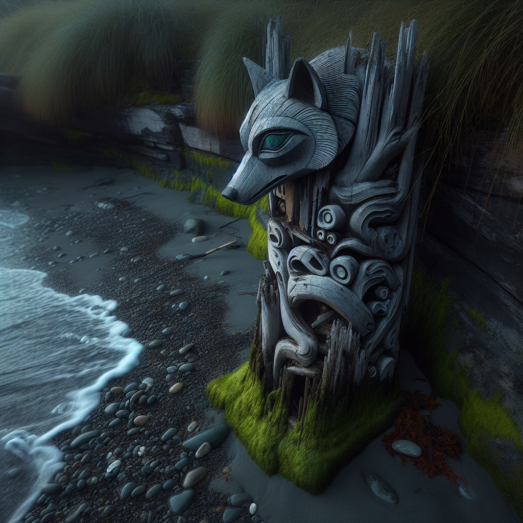 Wooden totem with fox head on rocky shore with moss