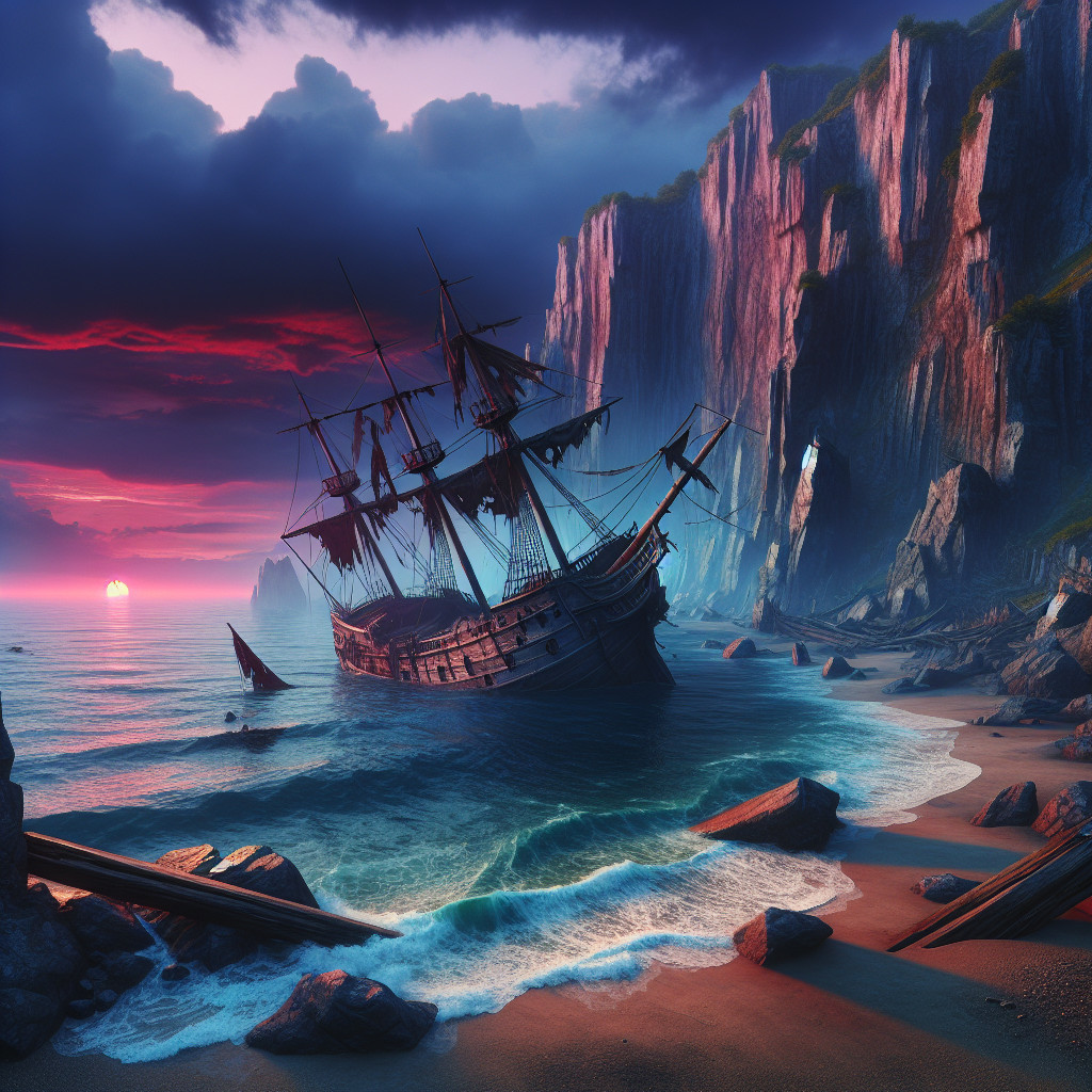 Shipwreck on Beach with Cliffs and Sunset Background