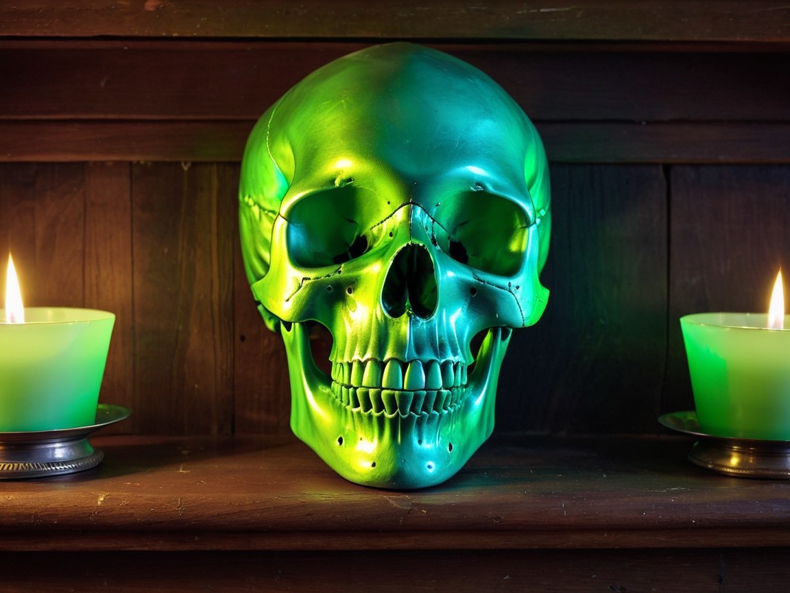 Vibrant Green Skull Display with Candles on Mantel