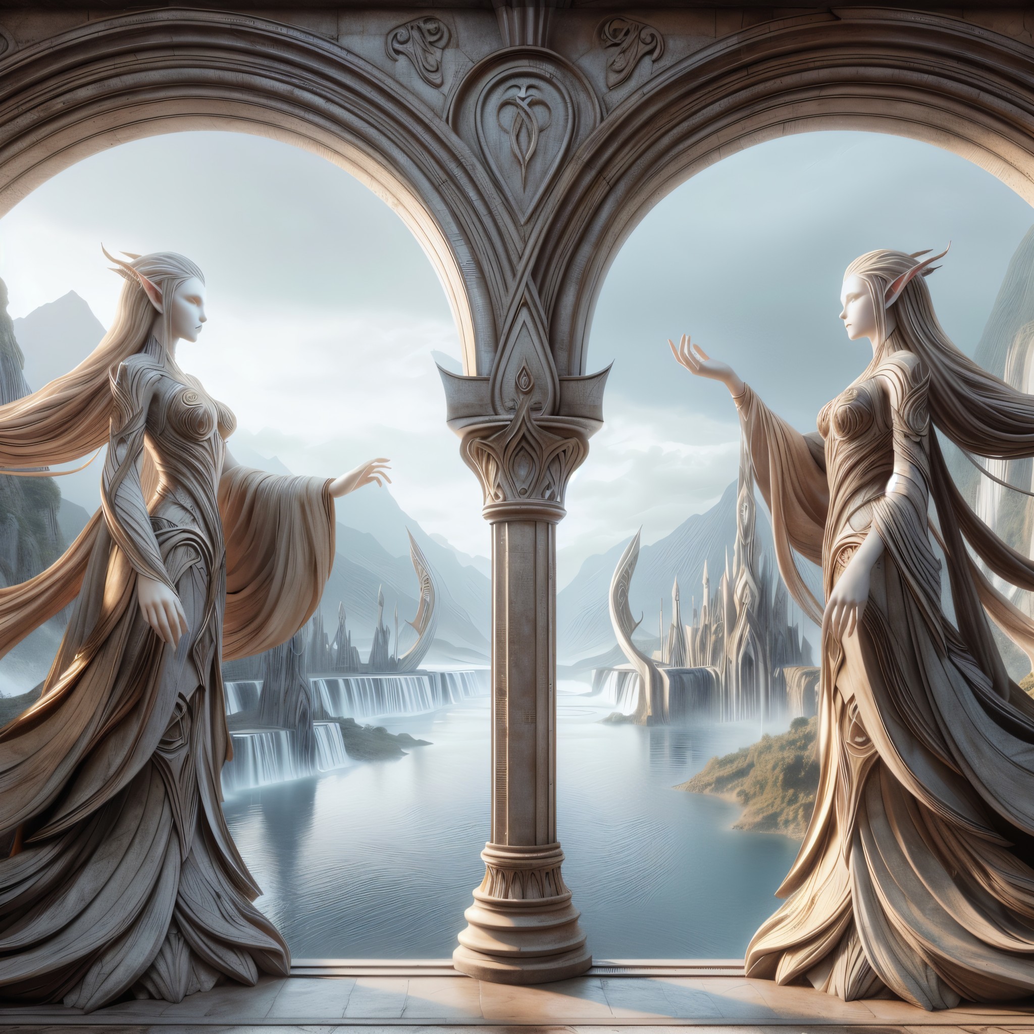 Ethereal Figures Beneath Ornate Archway by River