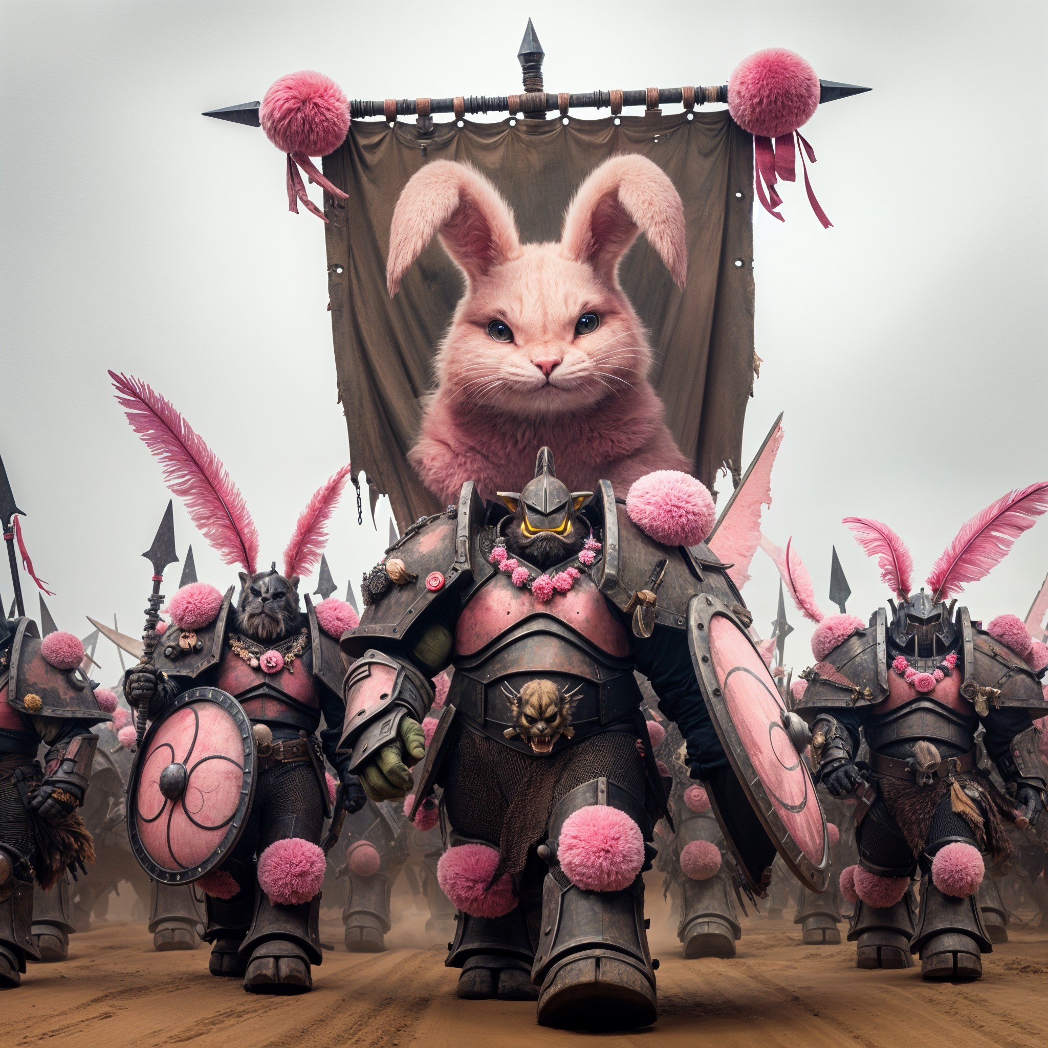 Surreal Scene of an Army Led by a Giant Bunny