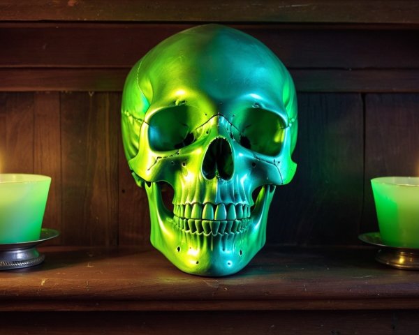Vibrant Green Skull Display with Candles on Mantel