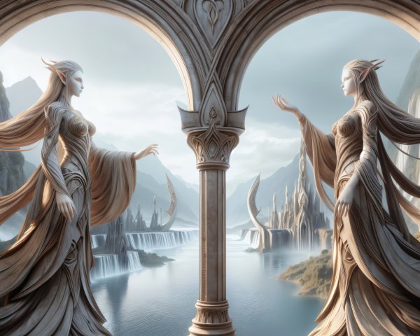 Ethereal Figures Beneath Ornate Archway by River