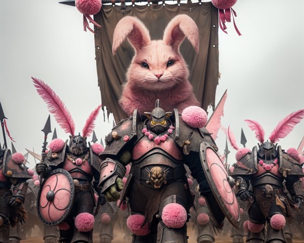 Surreal Scene of an Army Led by a Giant Bunny