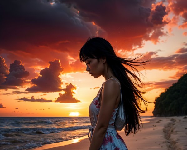 Silhouette of a Woman at a Sunset Beach Scene