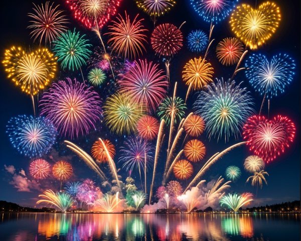 Fireworks Display Over Calm Lake at Night