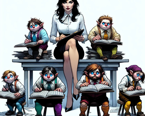 Woman in Formal Attire Oversees Cartoonish Gnomes