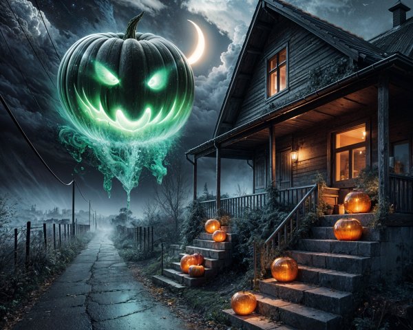 Haunted House Scene with Moonlit Sky and Pumpkins