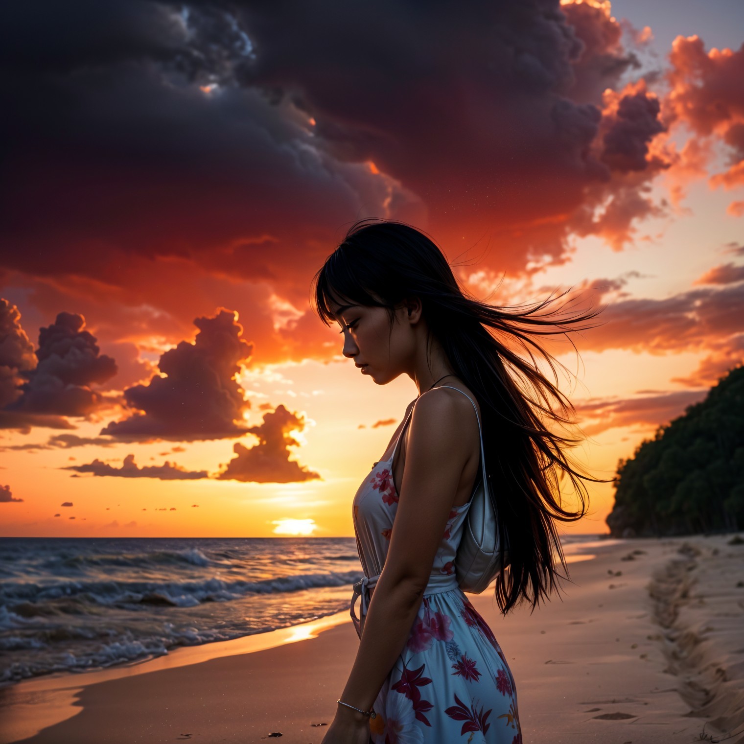 Silhouette of a Woman at a Sunset Beach Scene
