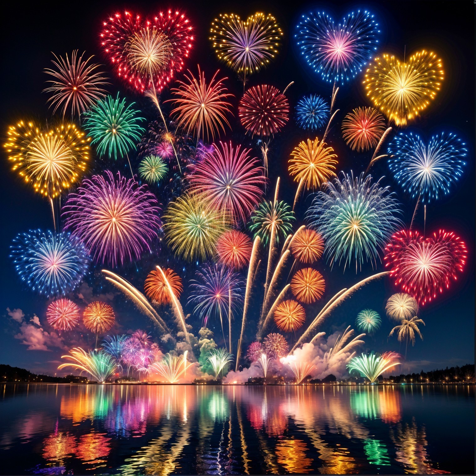 Fireworks Display Over Calm Lake at Night