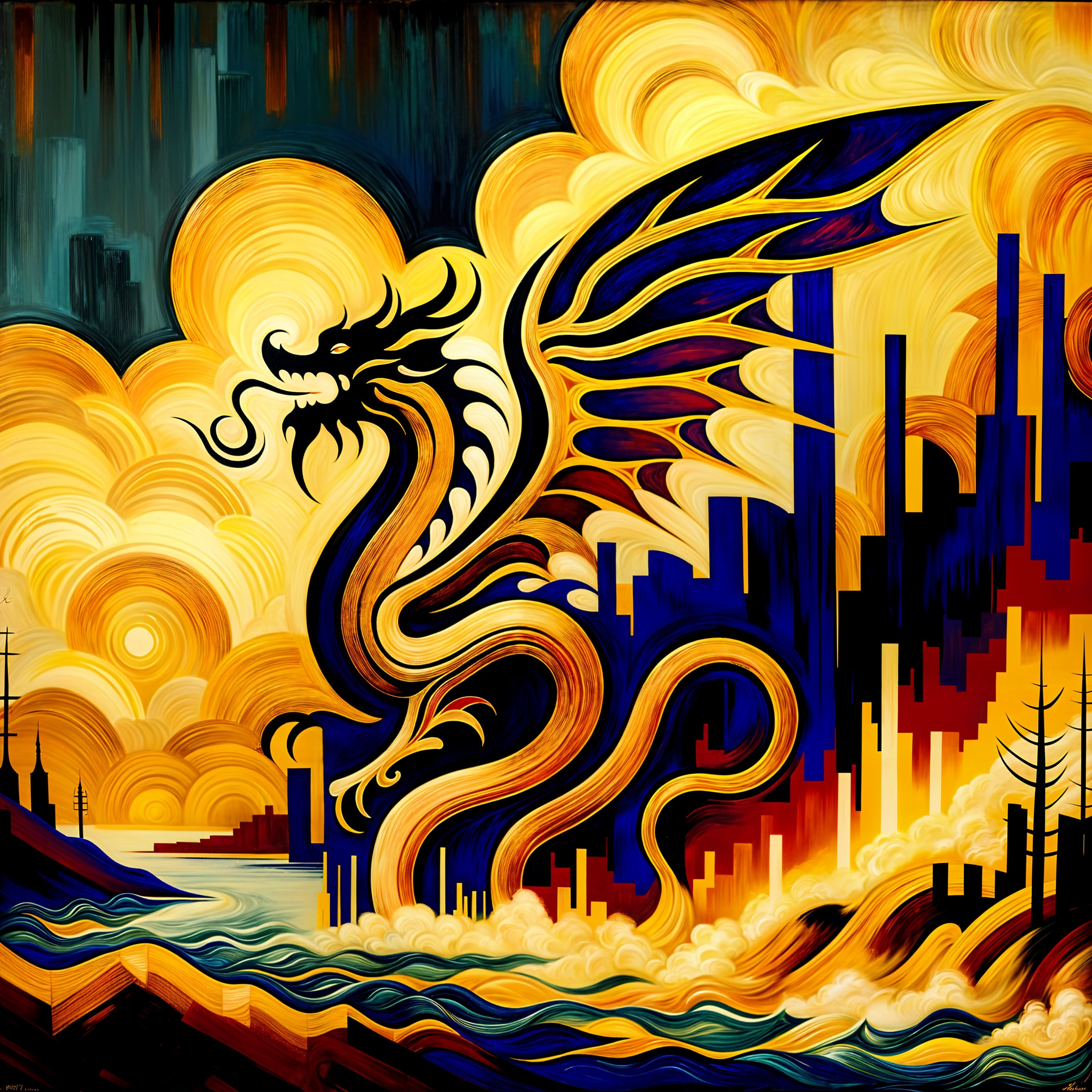 Abstract Dragon Over Stylized City Skyline Artwork