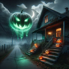 Haunted House Scene with Moonlit Sky and Pumpkins