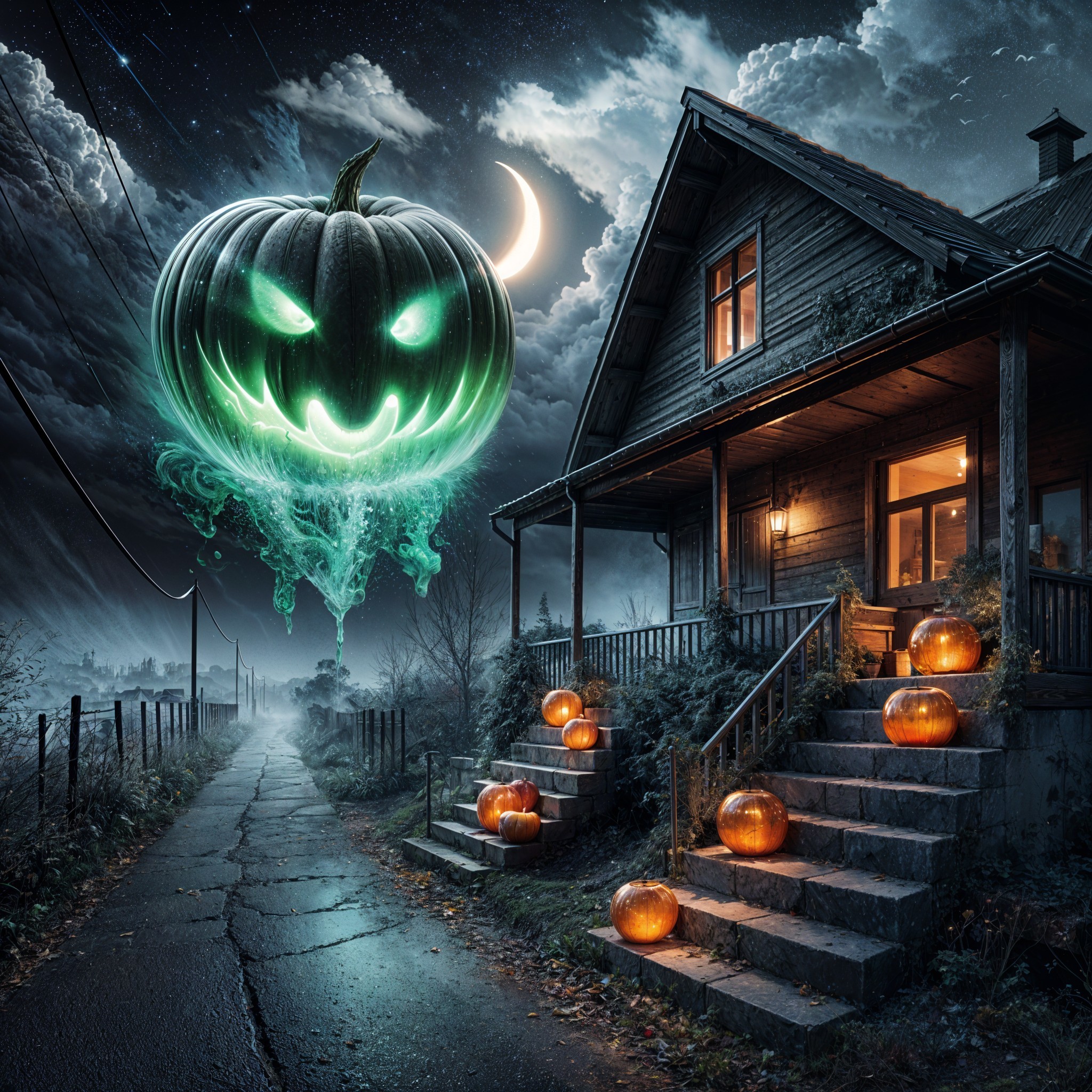 Haunted House Scene with Moonlit Sky and Pumpkins