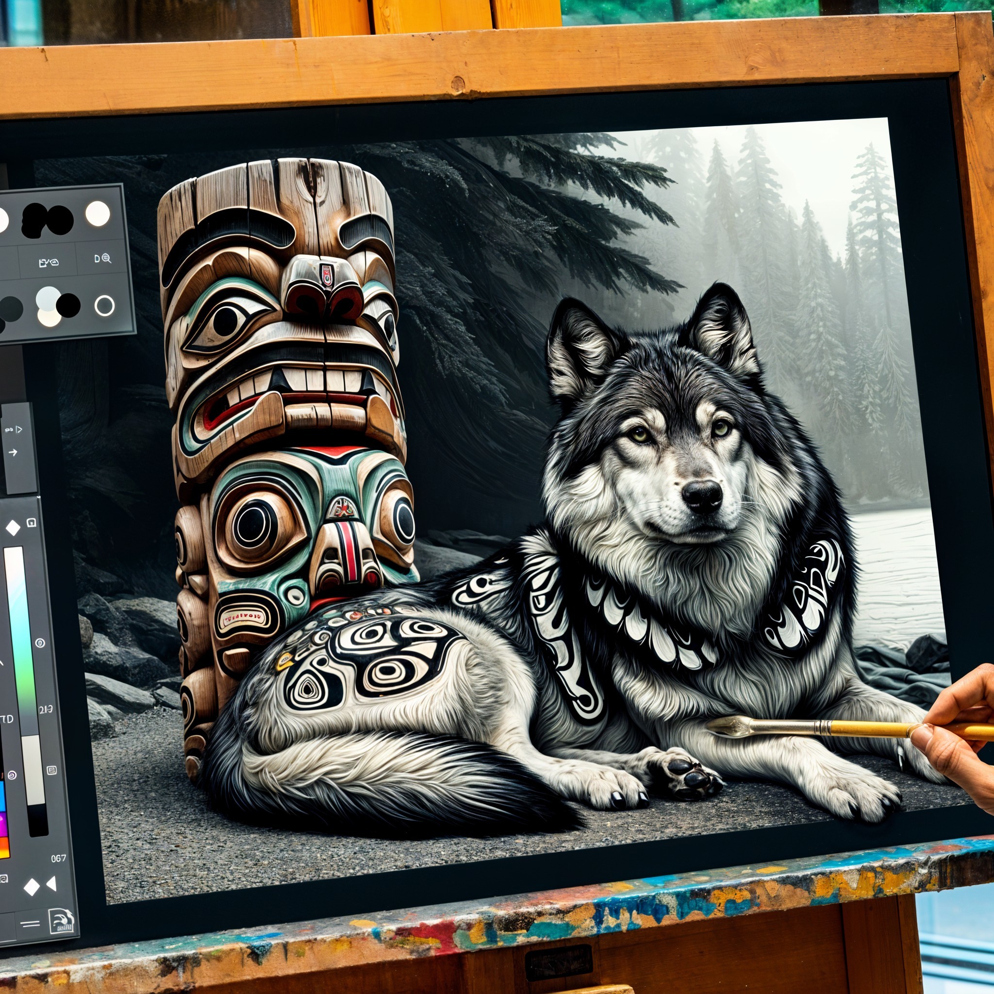 Digital Artwork of Wolf by Totem Pole in Forest