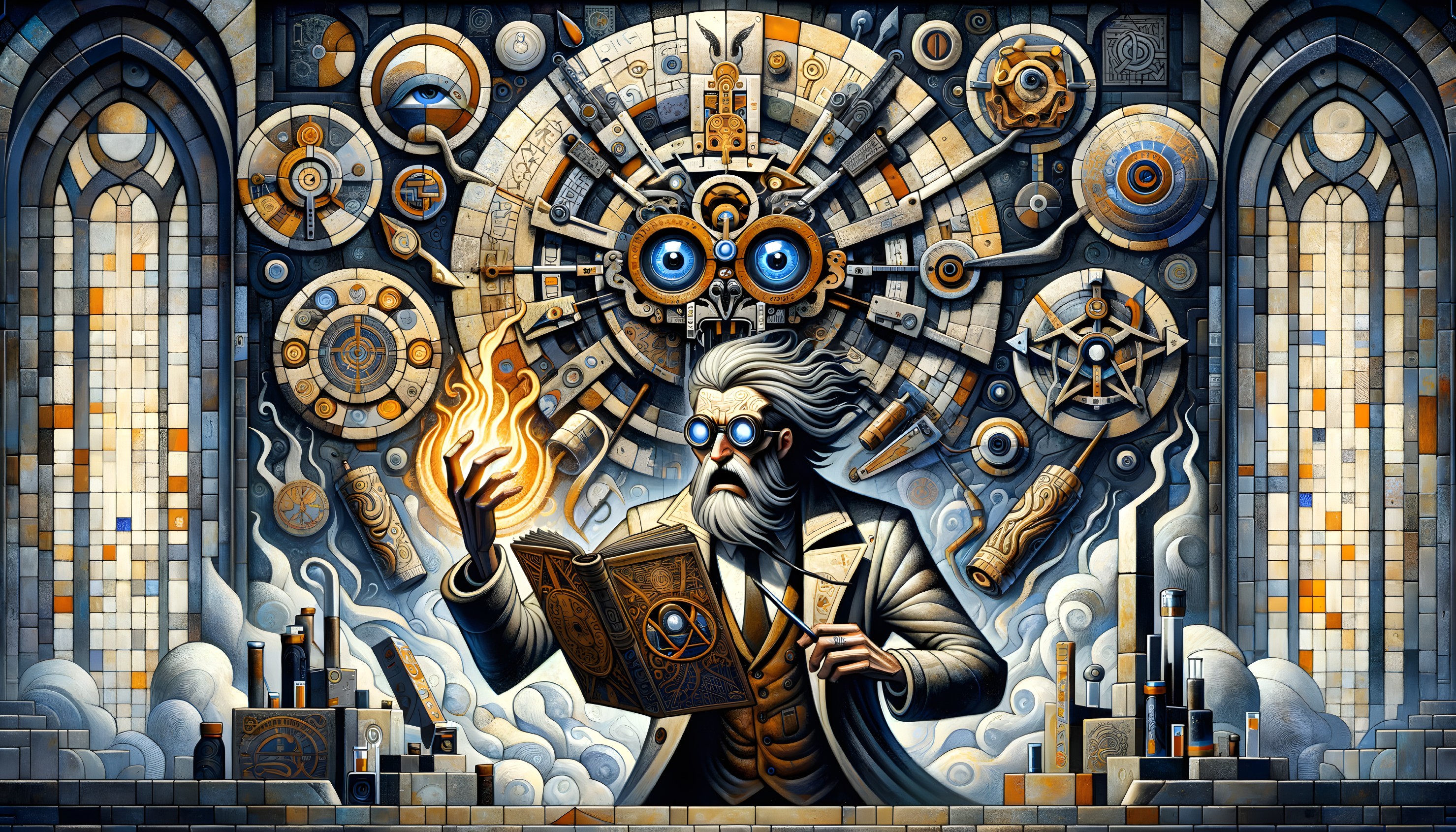 Detailed steampunk mural with man, goggles, book, gears, cogs