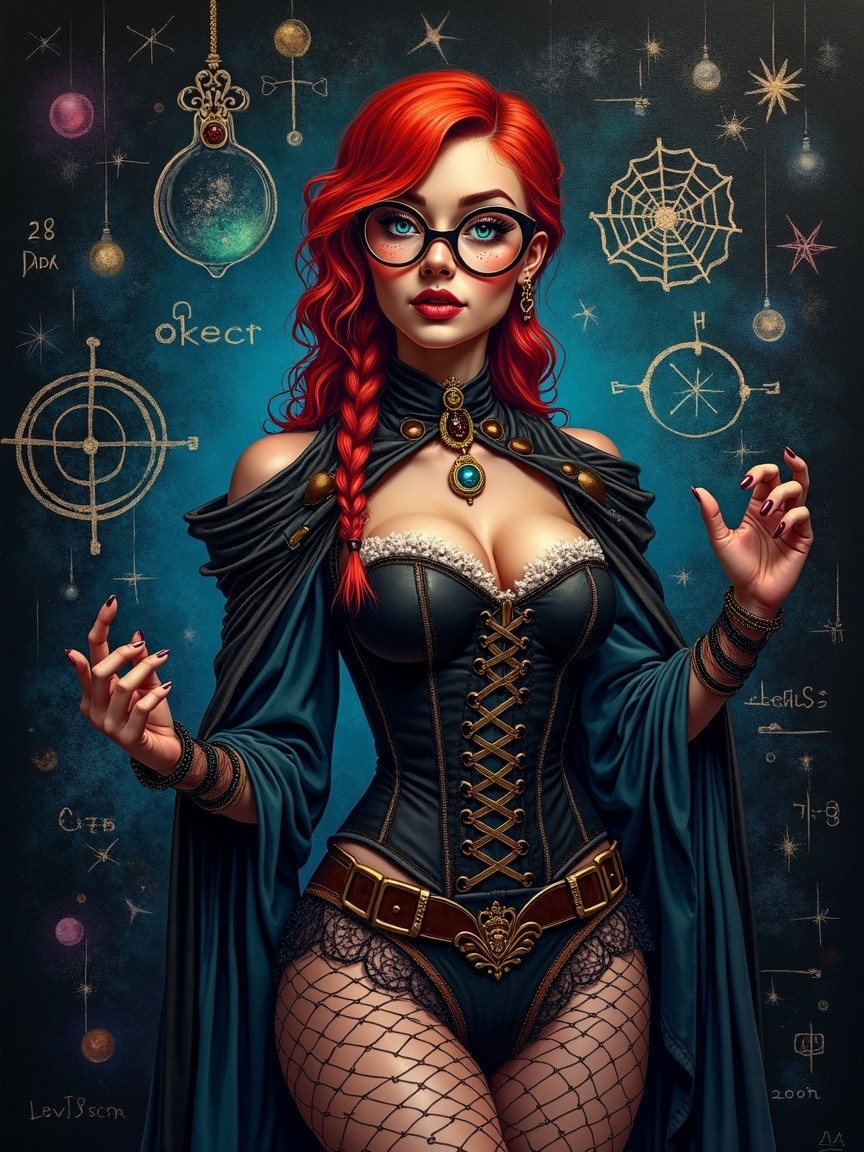 Gothic Woman with Red Hair in Celestial Setting