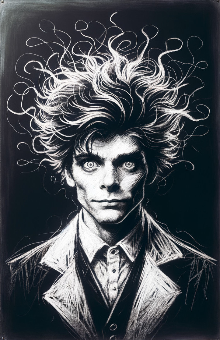 Monochrome Illustration of a Person with Wild Hair