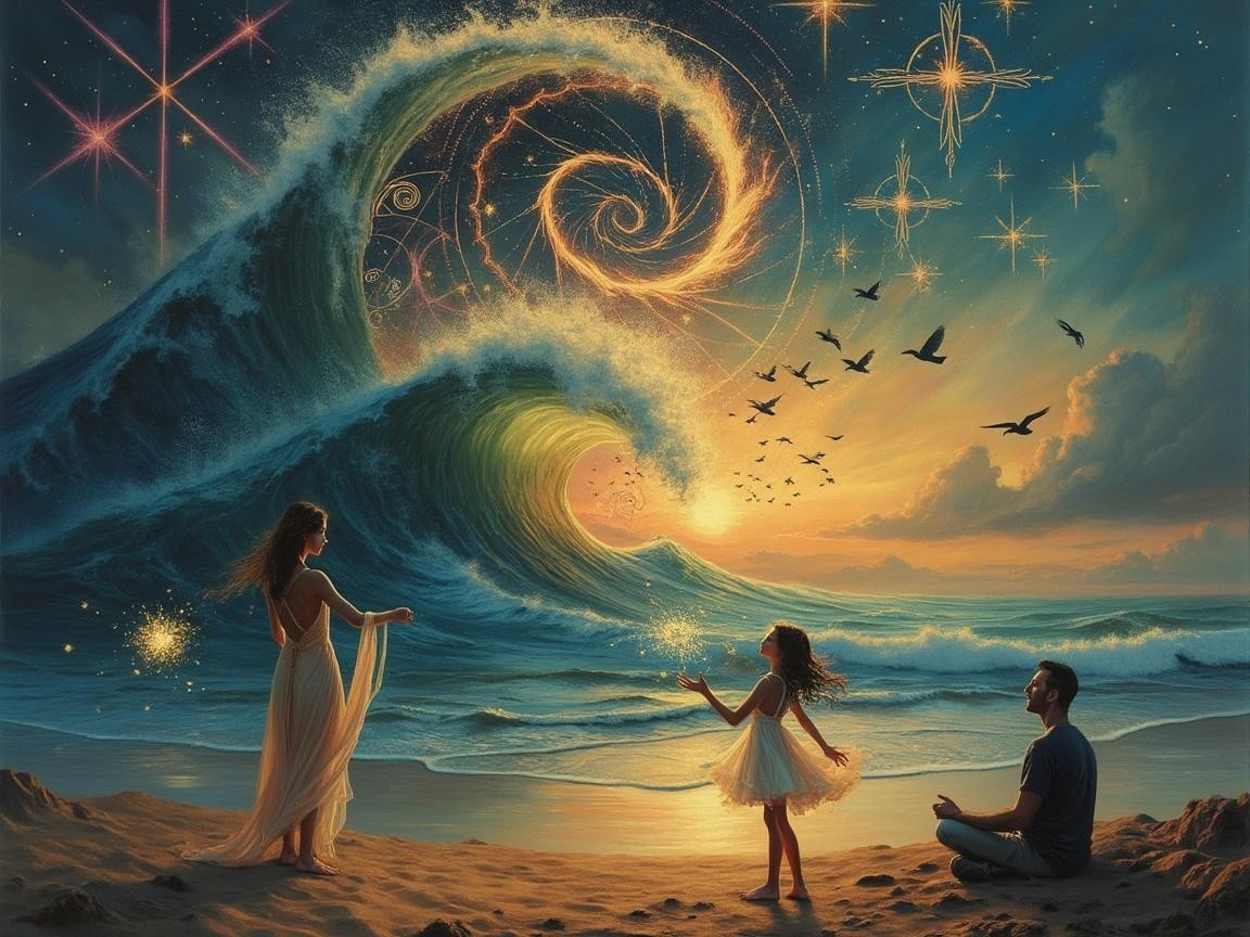 Beach Scene with Towering Wave and Sunset Colors