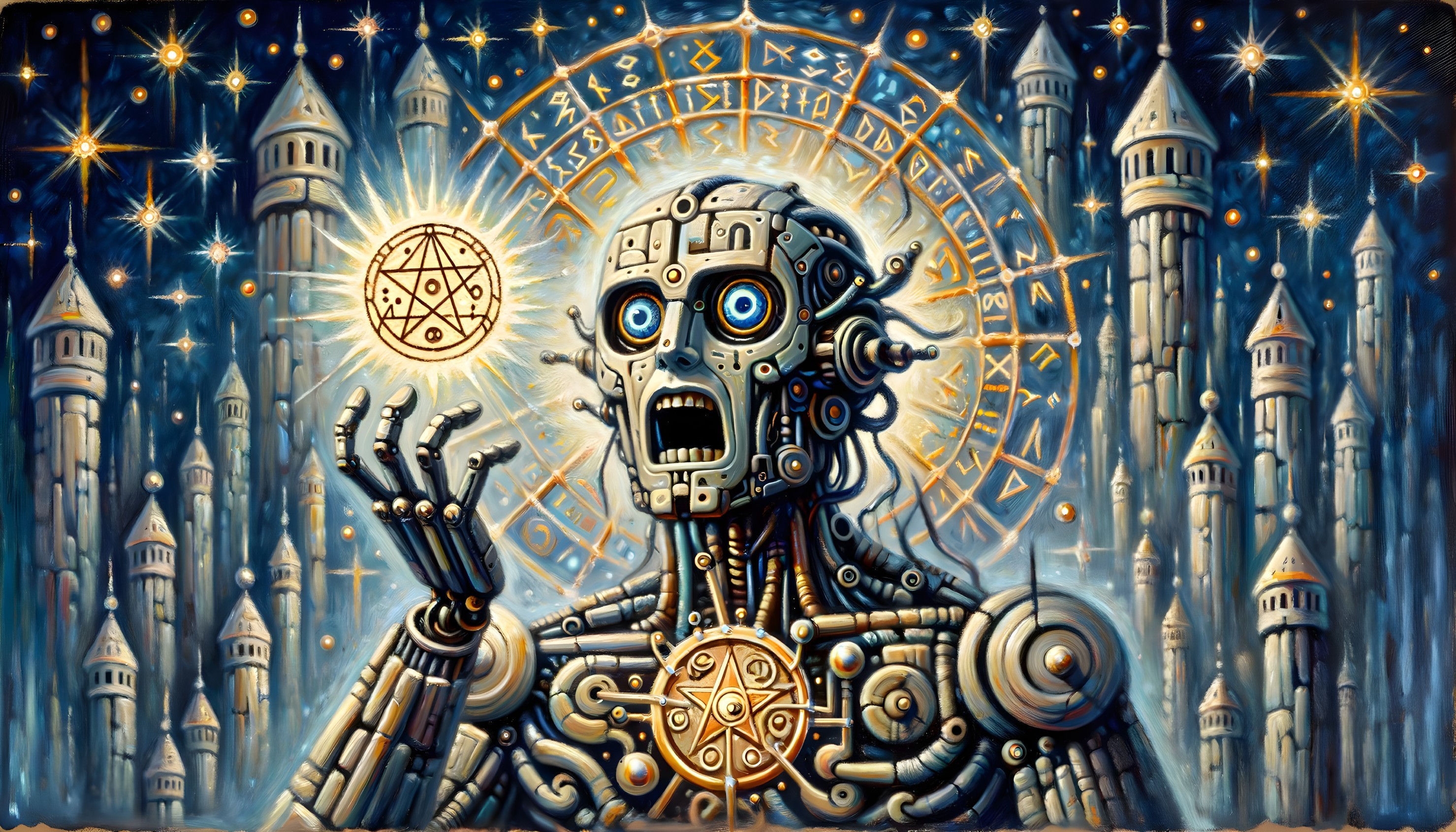 Mechanical humanoid with celestial backdrop and mystical symbols