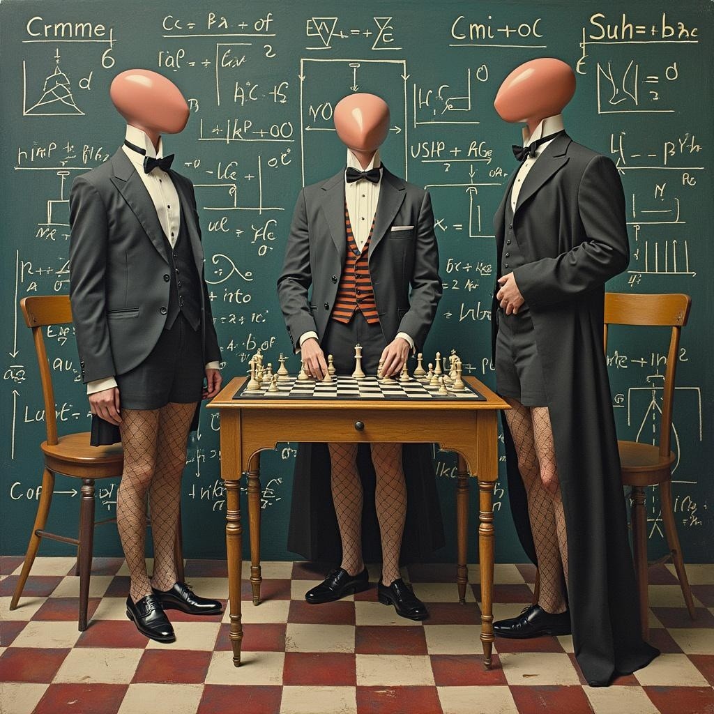 Surreal Chess Scene with Formal Figures and Equations