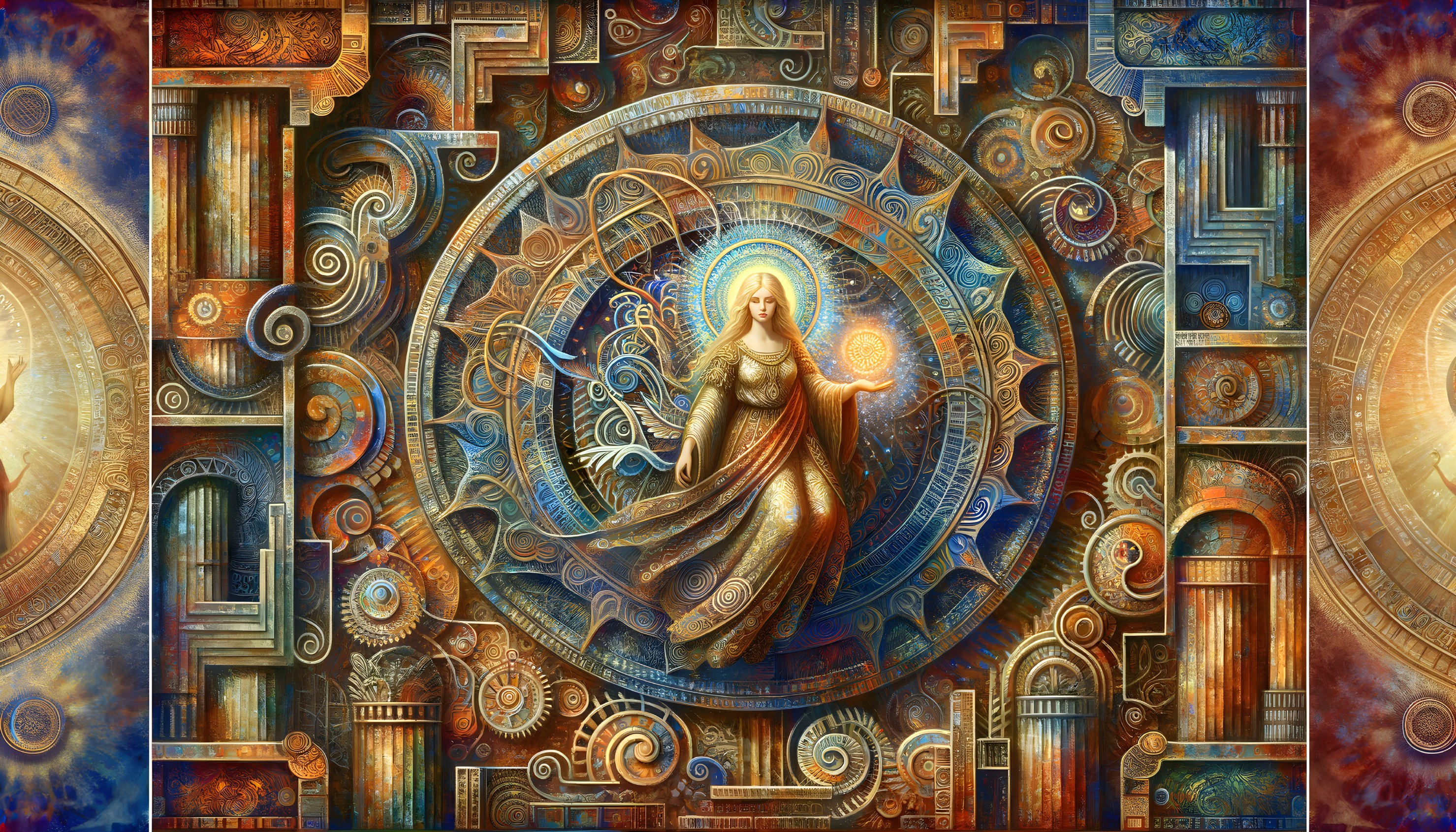 Ethereal woman in celestial clockwork design - Blue and gold hues