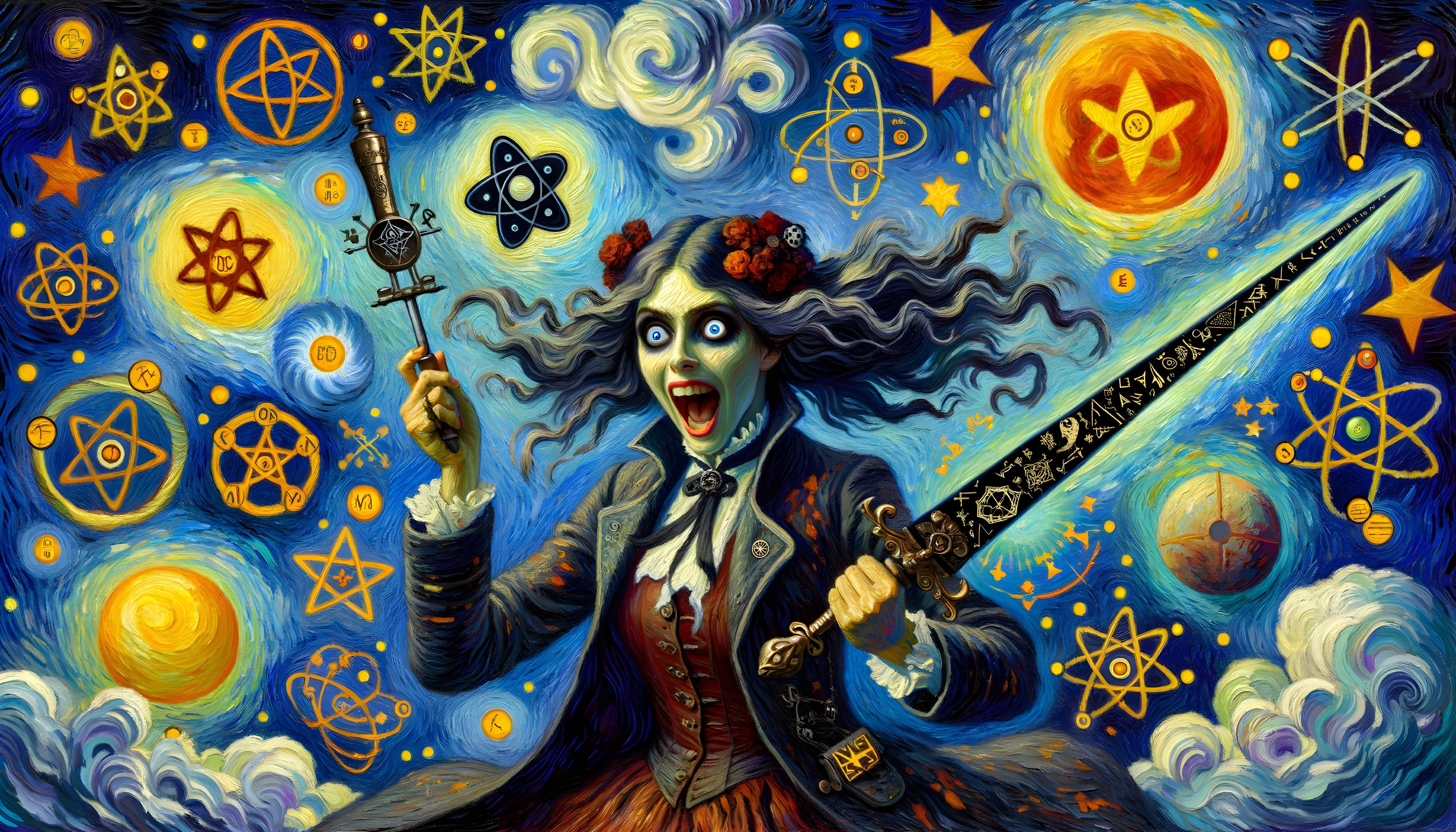 Cosmos-themed background with animated character holding sword and wand