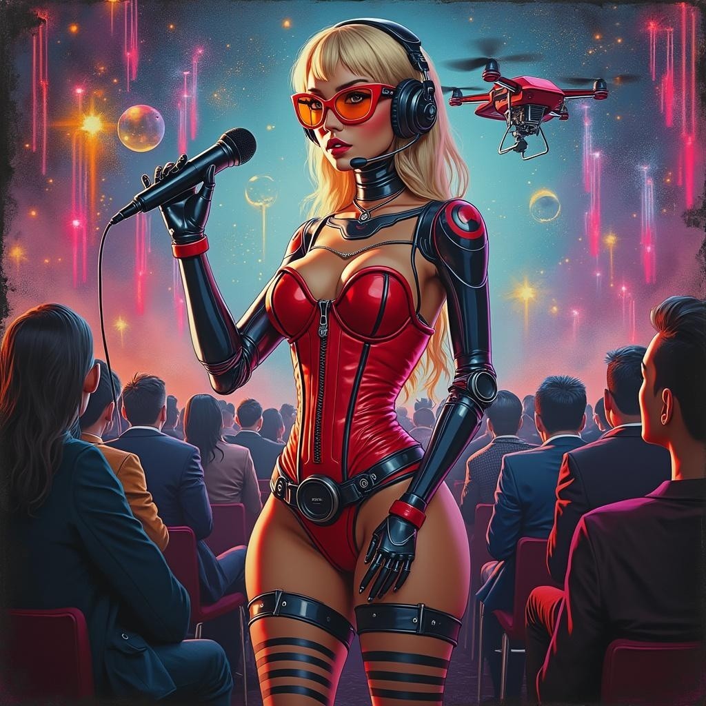 Futuristic Performer in Red Bodysuit with Technology
