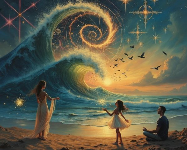 Beach Scene with Towering Wave and Sunset Colors