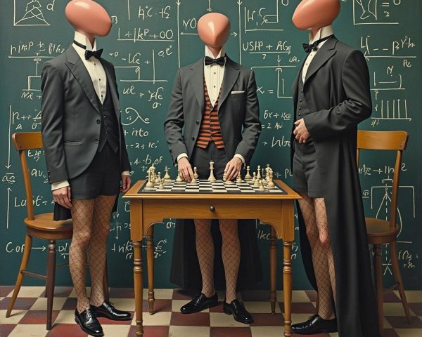 Surreal Chess Scene with Formal Figures and Equations