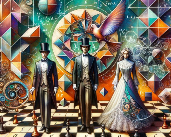 Elegantly Dressed Figures on a Chessboard Background