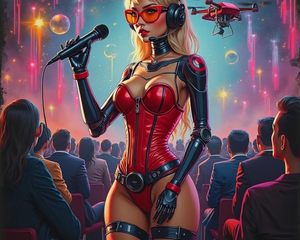 Futuristic Performer in Red Bodysuit with Technology