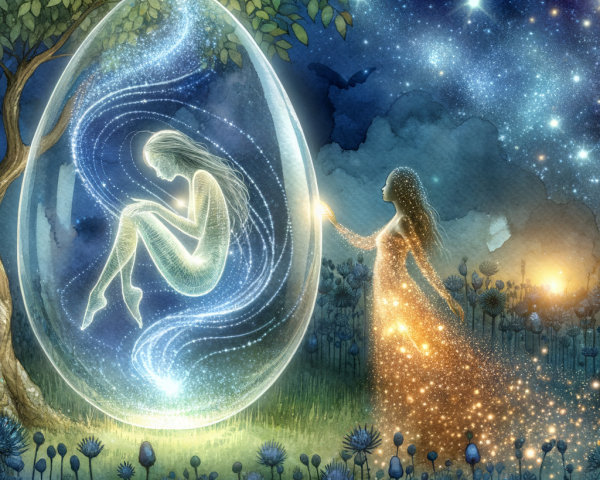 Translucent Egg with Ethereal Figure in Mystical Landscape
